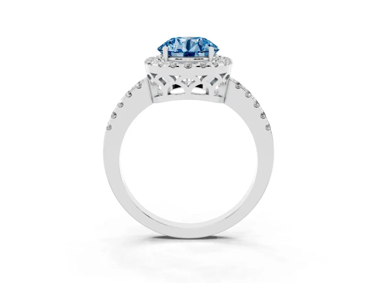 Fancy Blue Round Cut Halo Diamond Engagement Ring with Pavé Band and Four-Prong Setting Platinum
