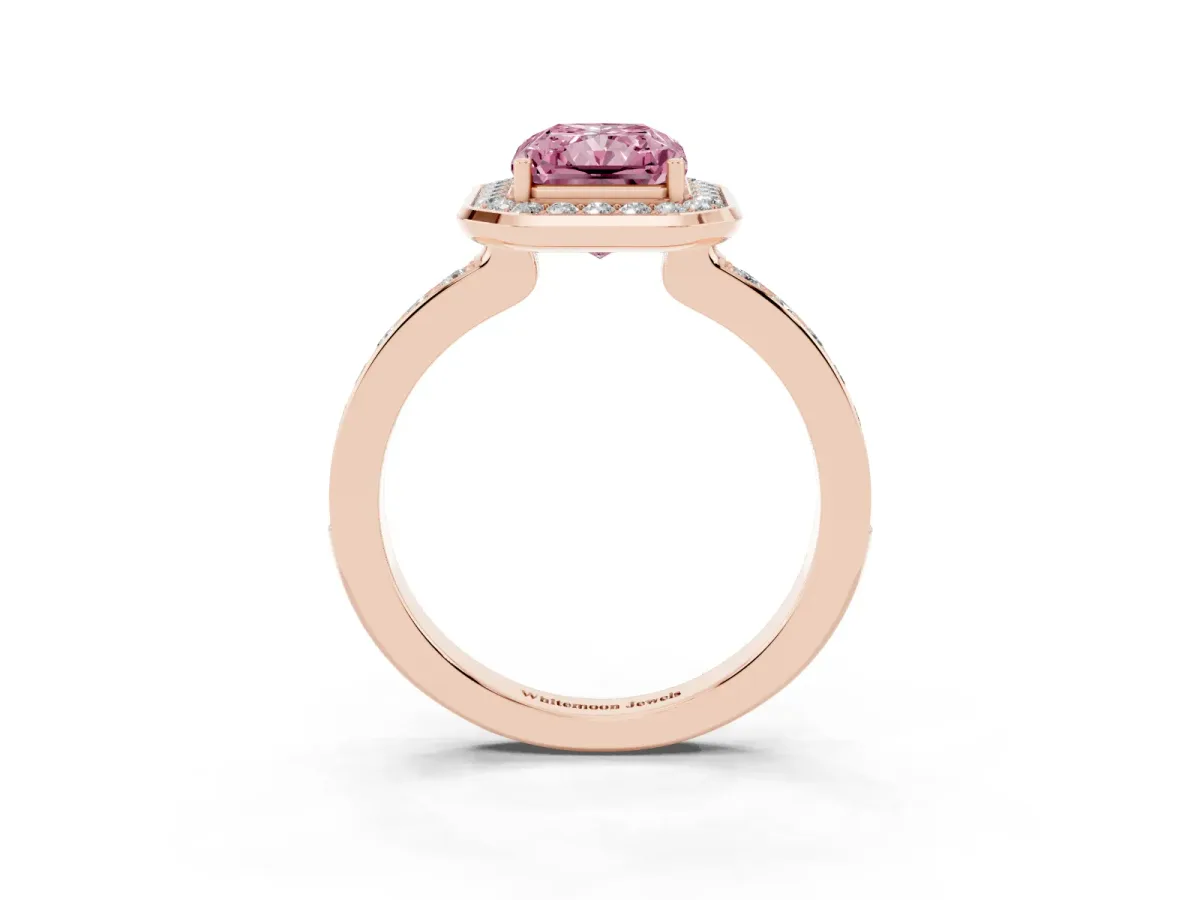 Fancy Pink Radiant Cut Diamond Halo Ring with Bezel Frame and Pavé Band Rose gold