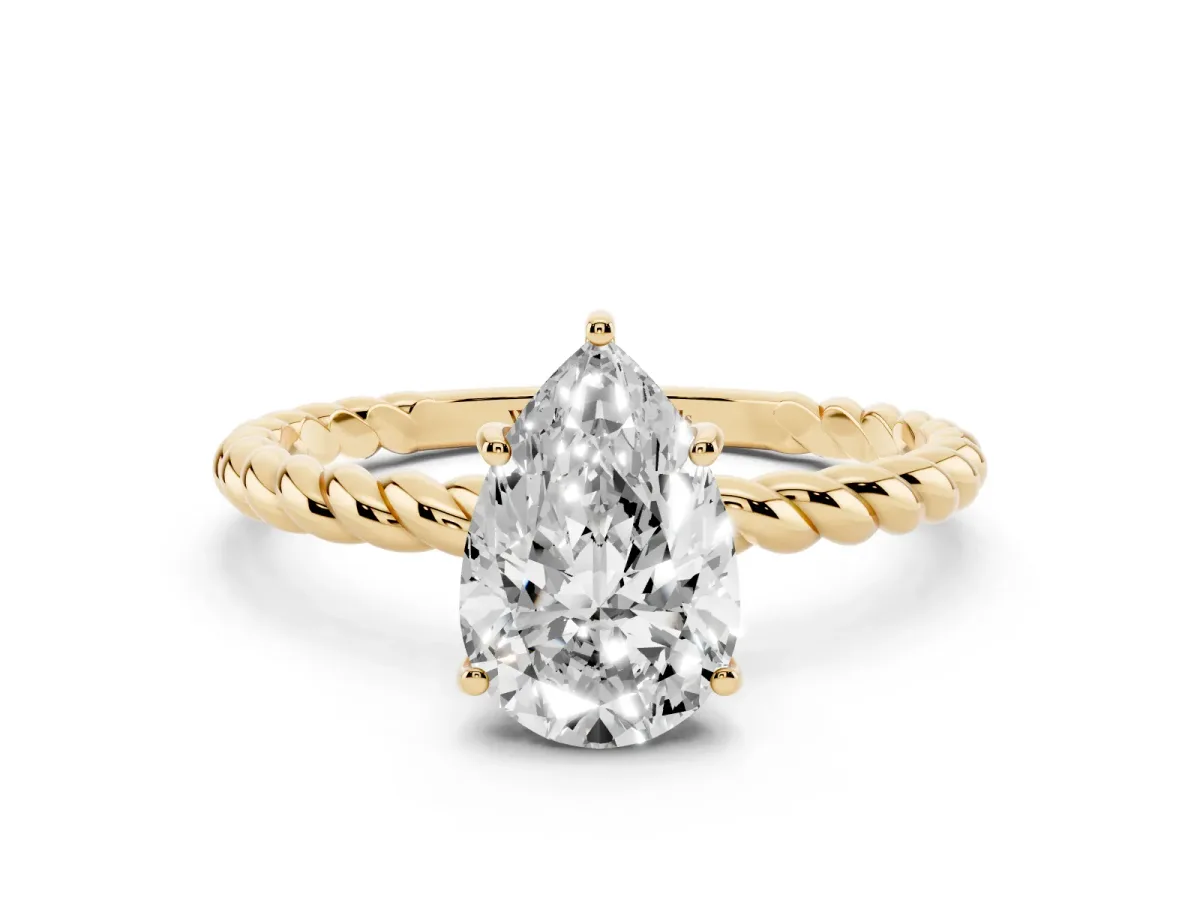 Pear Cut Solitaire Twist Band Ring with Four-Prong Setting Yellow gold