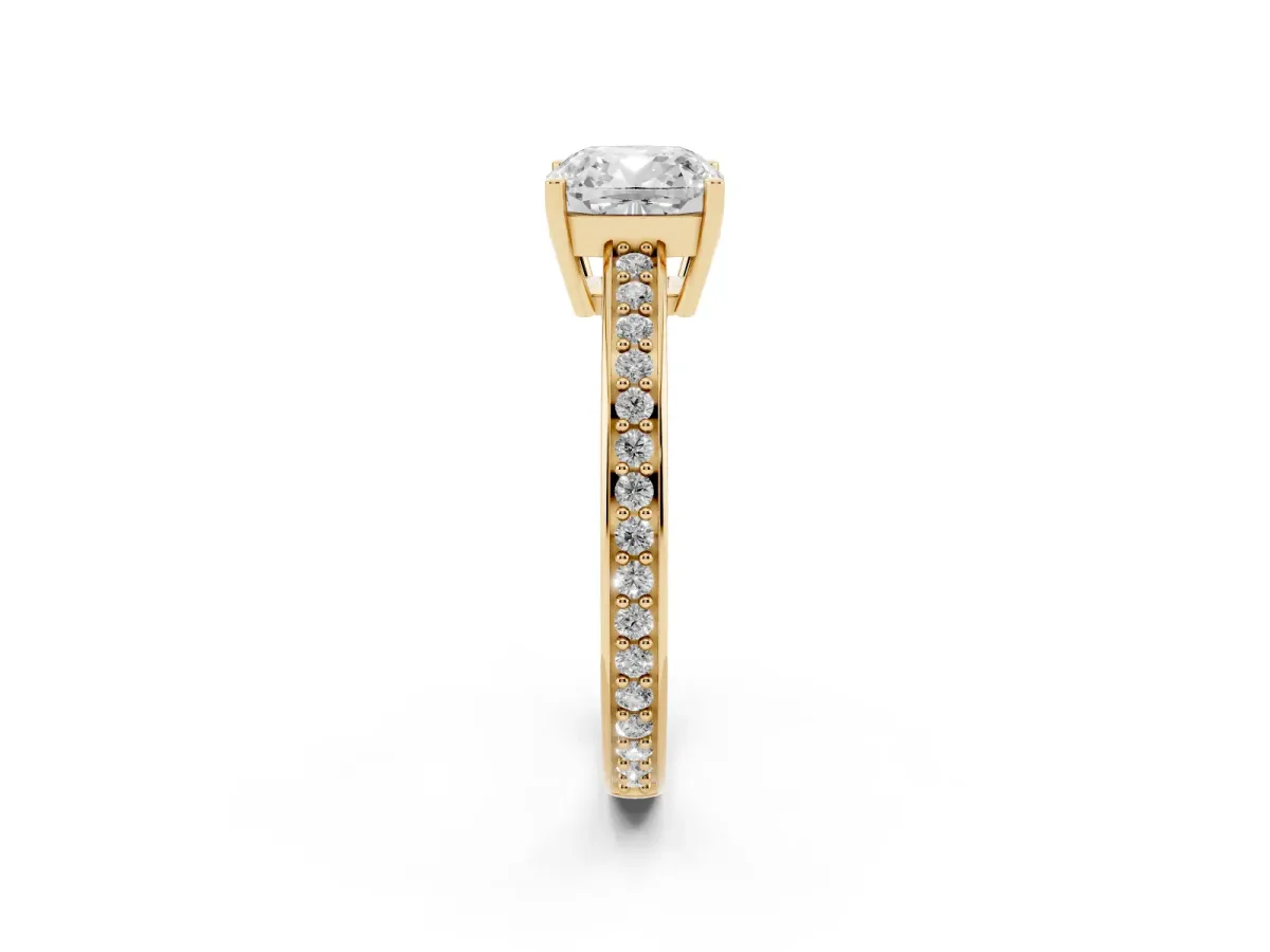 Cushion Cut Solitaire Pavé Band Prong Setting Ring Yellow gold