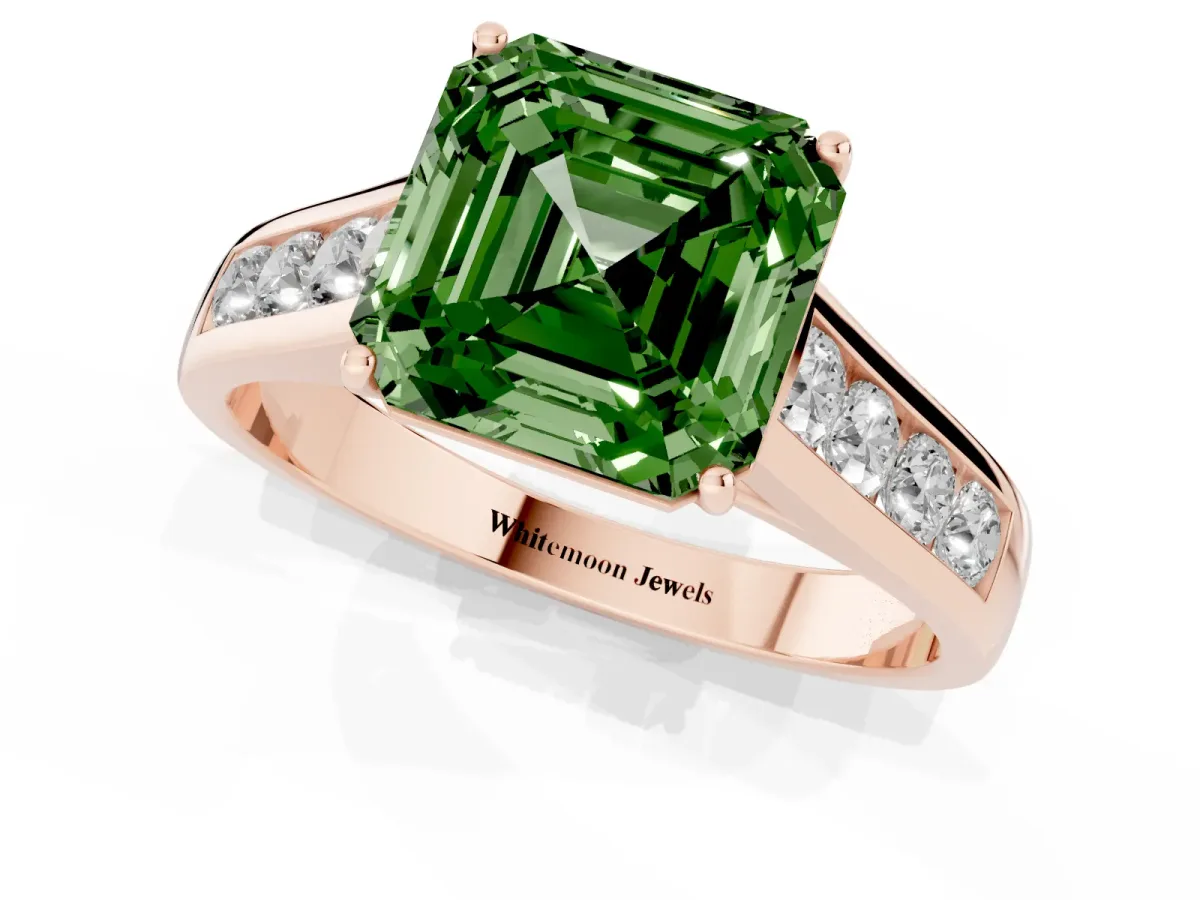 Fancy Green Asscher Cut Solitaire Channel-Set Diamond Engagement Ring with Four-Prong Setting Rose gold
