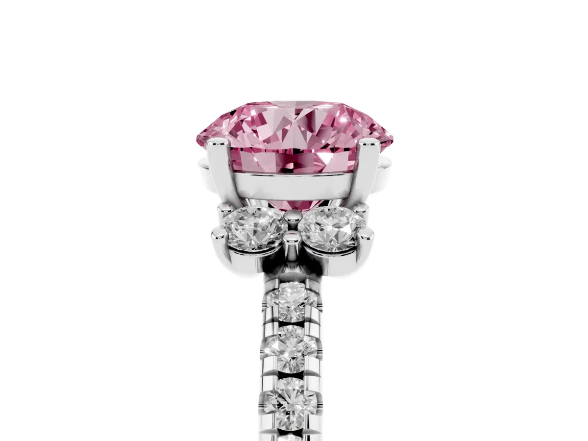 Fancy Pink Round Cut Diamond Three-Stone Pave Band with Four-Prong Setting Silver