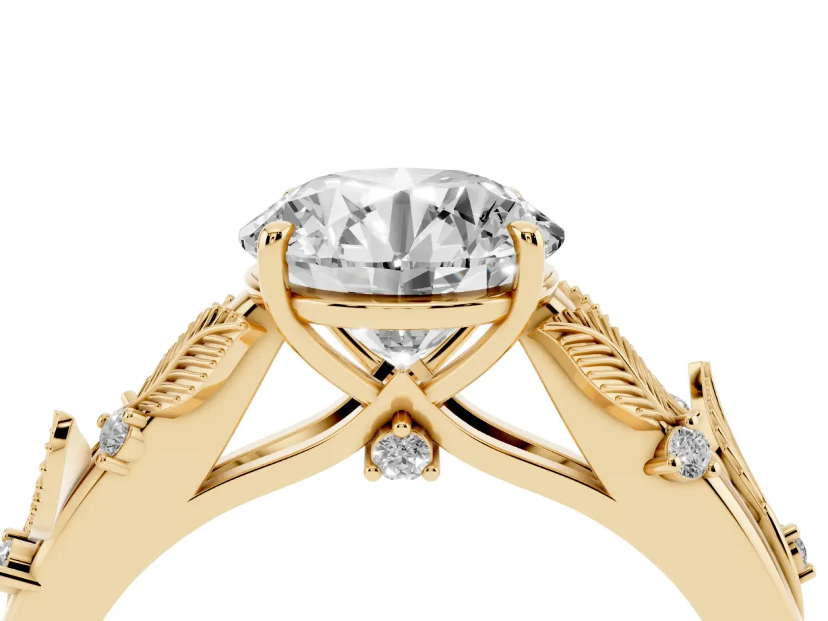Round Cut Diamond Solitaire Ring with Leaf Motif Band and Four-Prong Setting Yellow gold