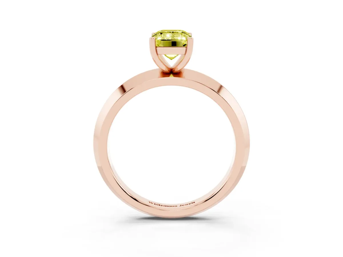 Fancy Yellow Emerald Cut Cut Solitaire Engagement Ring with Flat Band and Four-Prong Setting Rose gold