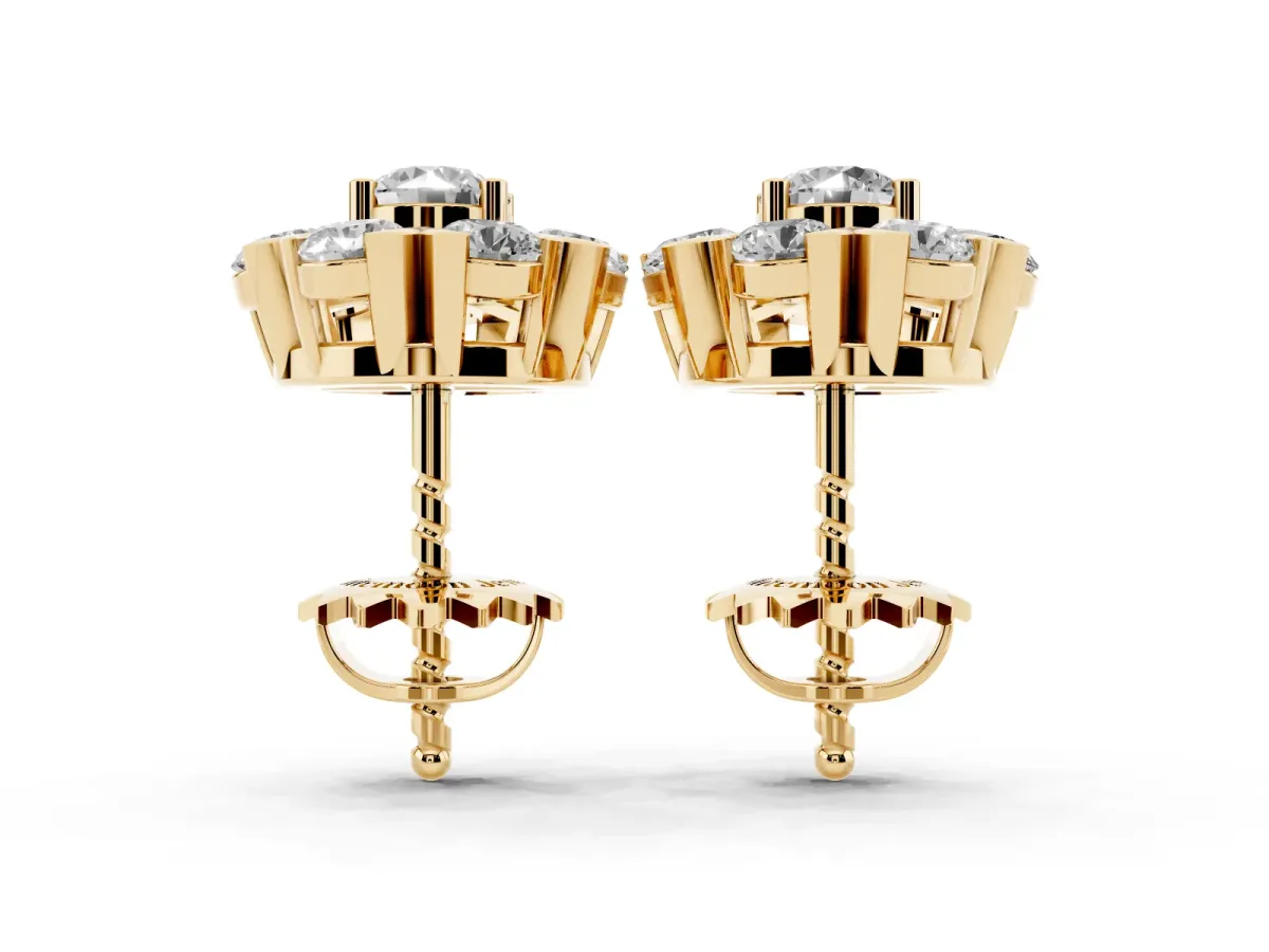 Round Cluster Diamond Stud Earrings with Prong Setting Yellow gold