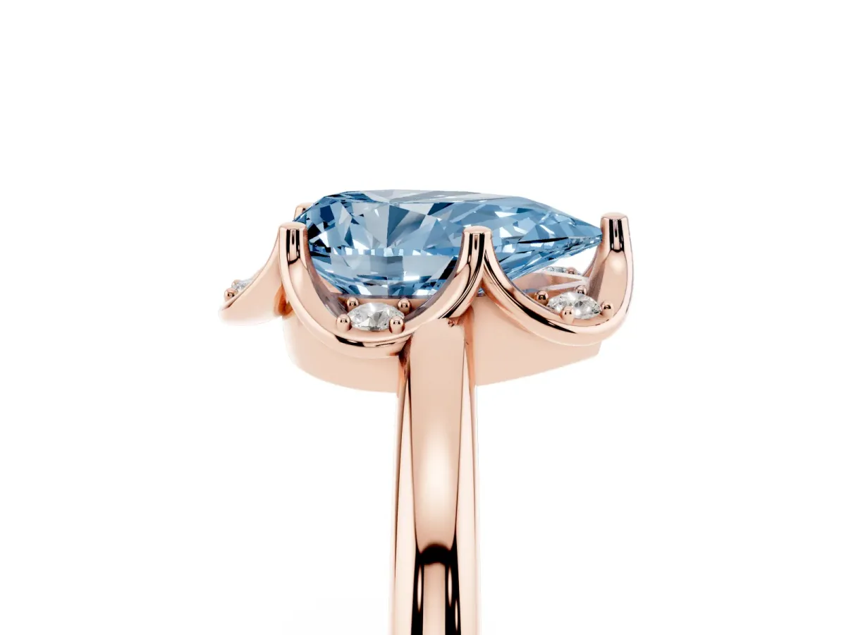 Fancy Blue Pear Cut Halo Diamond Ring with Round Cluster Setting, Solitaire Band, and Four-Prong Setting Rose gold