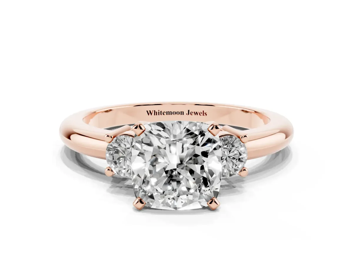 Three-Stone Cushion Cut Cut Diamond Solitaire with Prong Setting and Classic Band Rose gold