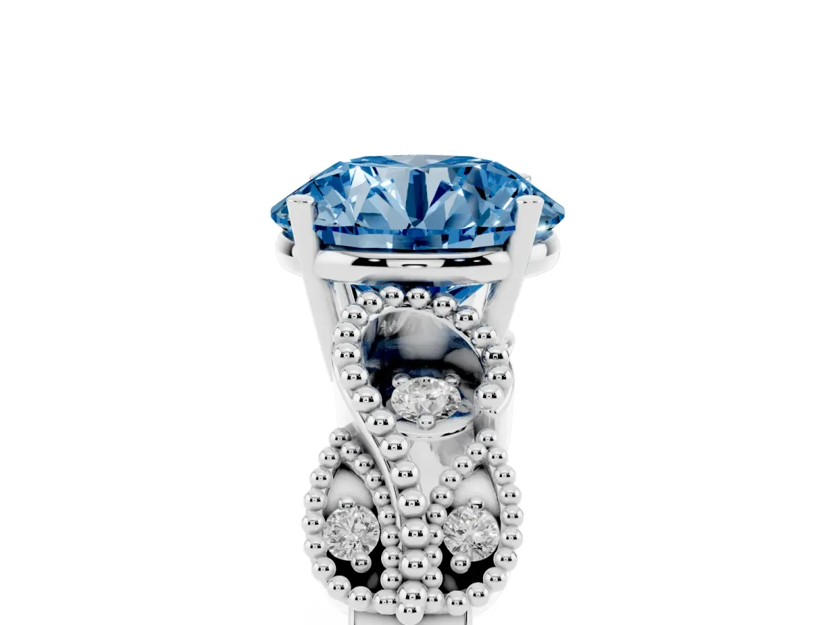 Fancy Blue Round Cut Solitaire Milgrain Leaf Band with Prong Setting Silver