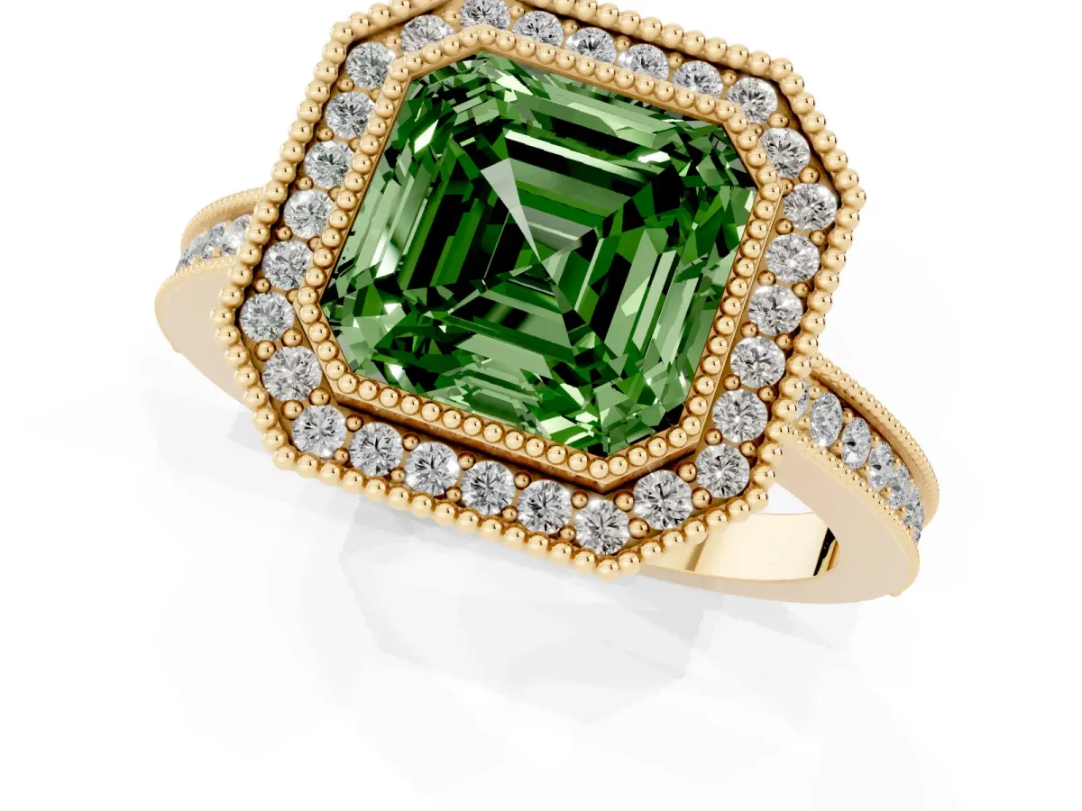 Fancy Green Asscher Cut Cut Halo Diamond Ring with Pavé Band and Milgrain Prong Setting Yellow gold