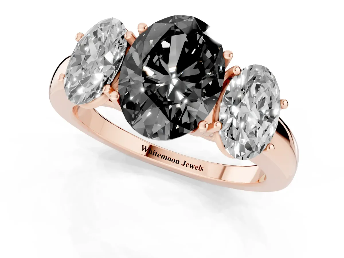 Fancy Black Oval Cut Diamond Three-Stone Ring with Four-Prong Setting and Classic Band Rose gold