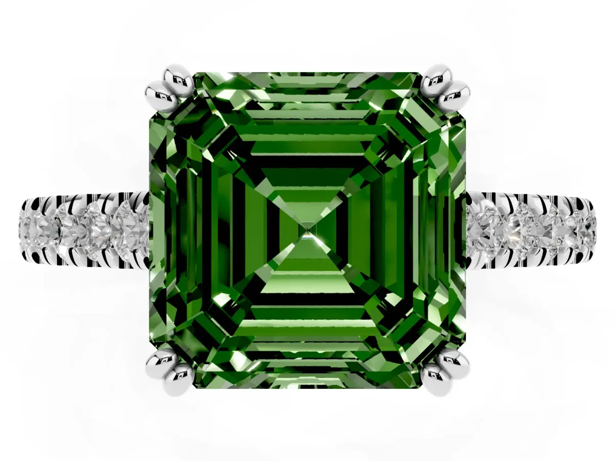 Fancy Green Asscher Cut Solitaire Pave Diamond Engagement Ring with Prong Setting Silver