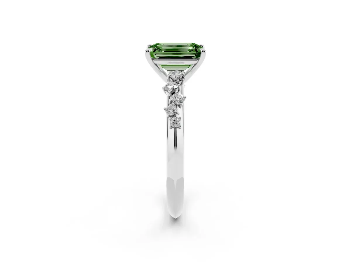 Fancy Green Emerald Cut Diamond Cluster Side Stone Solitaire Ring with Prong Setting Platinum