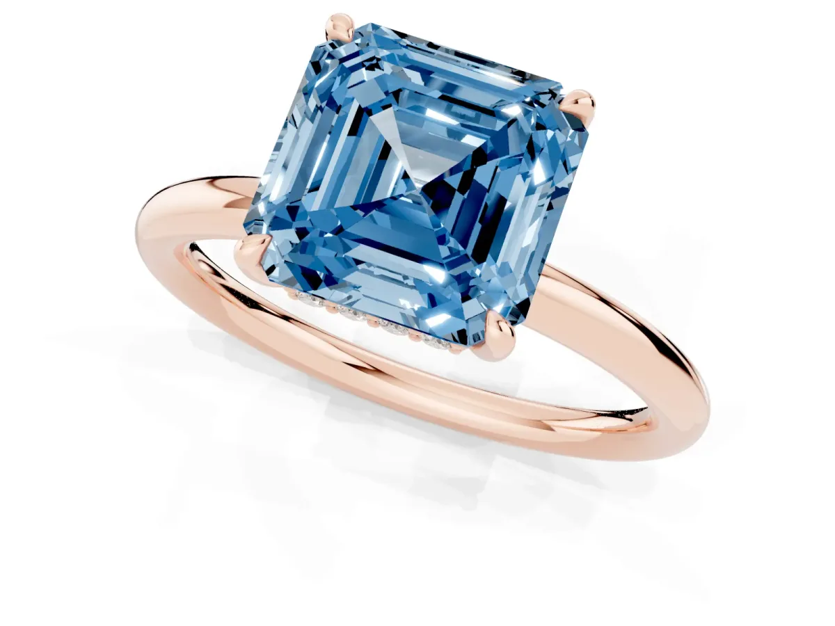 Fancy Blue Asscher Cut Diamond Solitaire Ring with Thin Band and Four-Prong Setting Rose gold