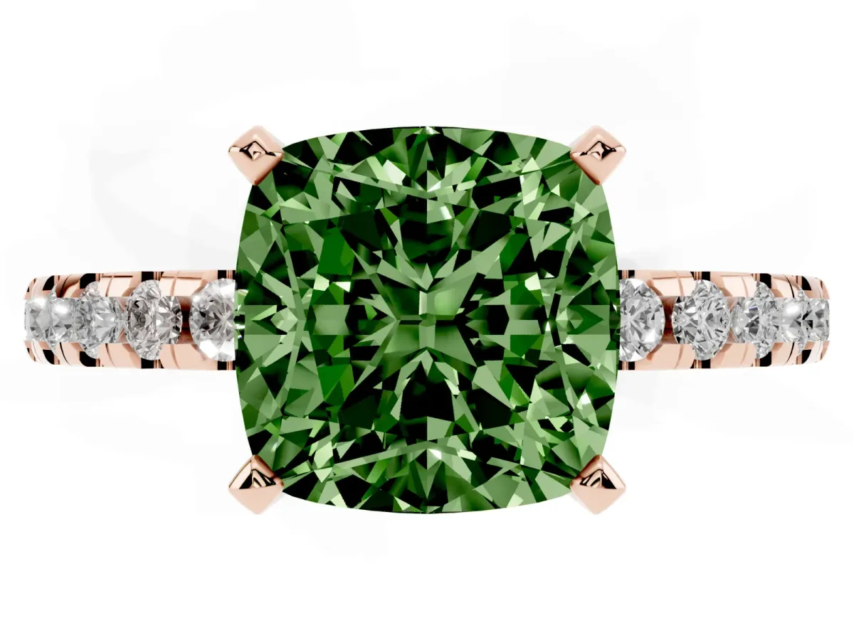 Fancy Green Cushion Cut Diamond Solitaire Ring with Round Pavé Band and Four-Prong Setting Rose gold