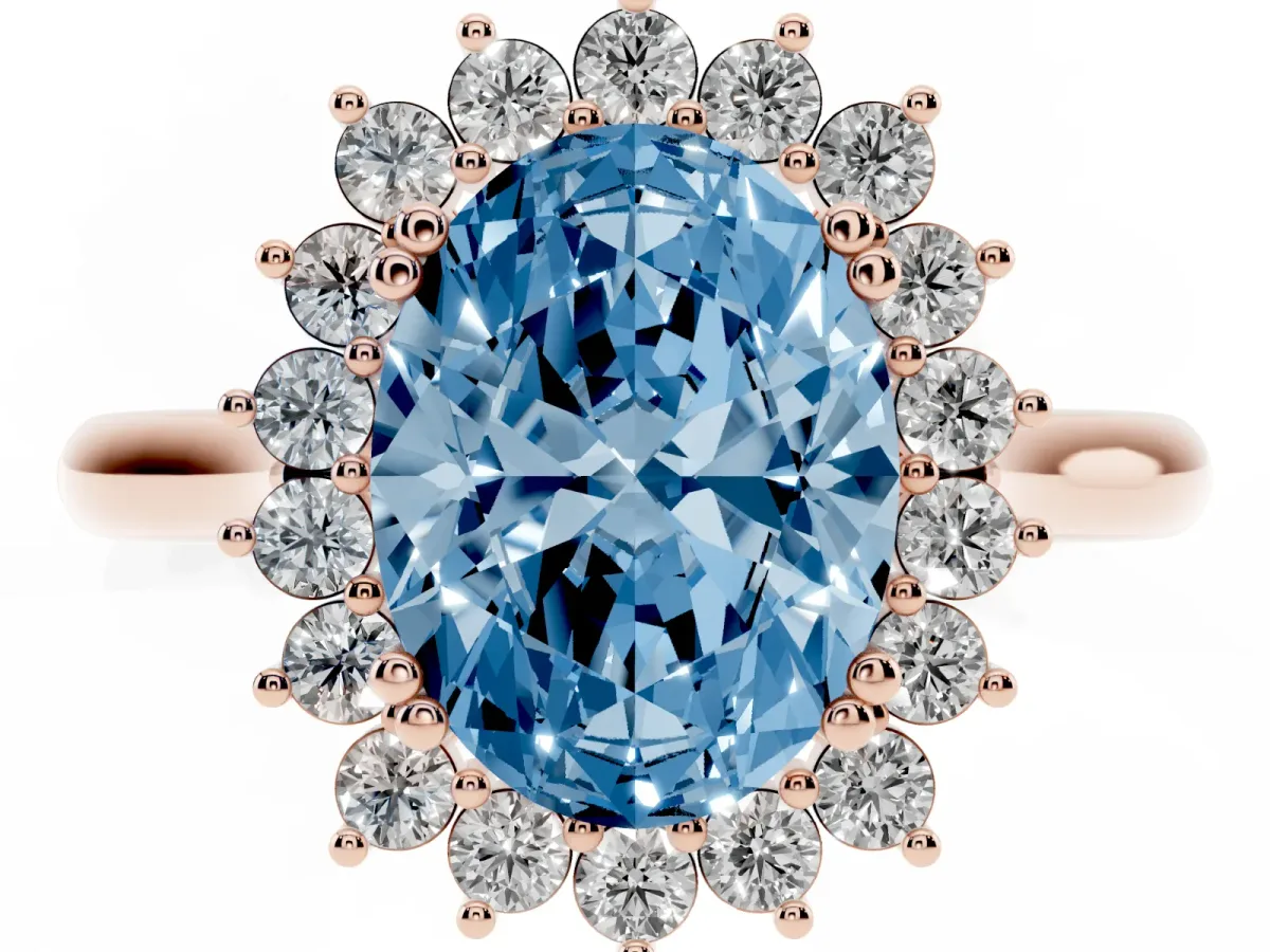 Fancy Blue Oval Cut Cut Diamond Halo Ring with Solitaire Band and Prong Setting Rose gold