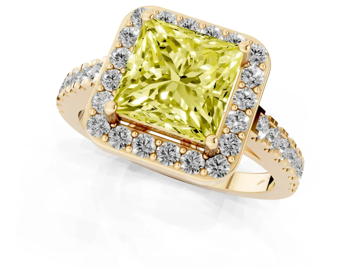 Fancy Yellow Princess Cut Diamond Halo Ring with Round Pavé Split Shank and Prong Setting Yellow gold