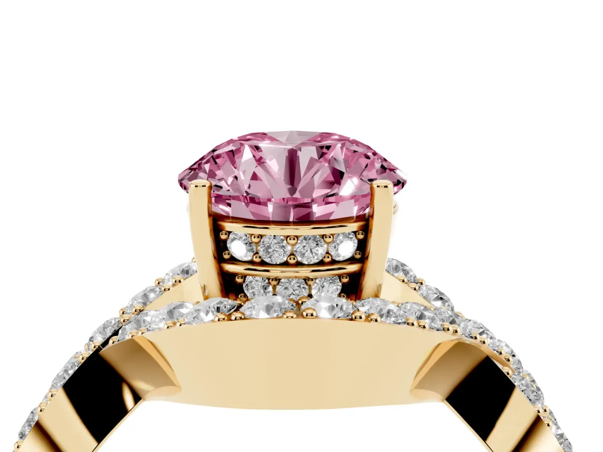 Fancy Pink Round Cut Solitaire Twist Band Pavé Diamond Engagement Ring Yellow gold