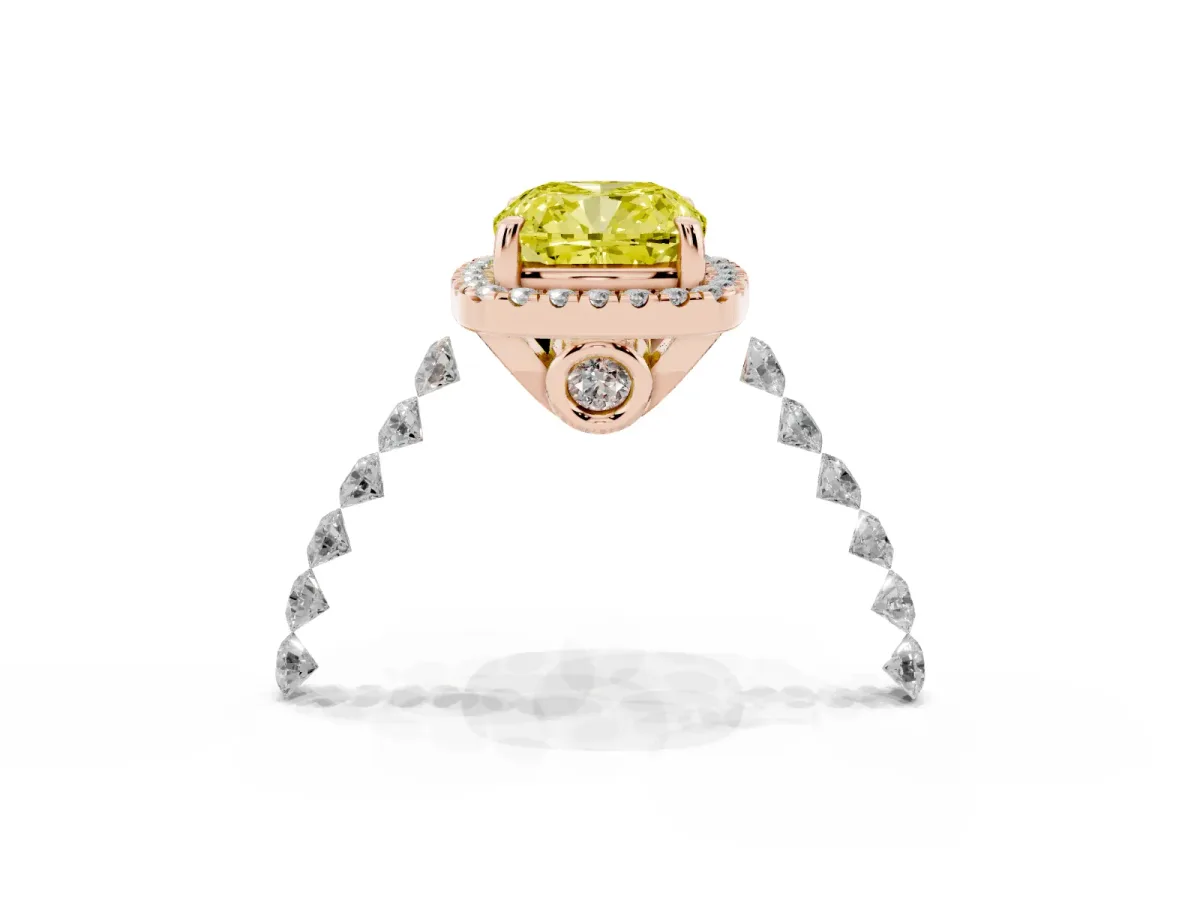 Fancy Yellow Cushion Cut Halo Pavé Diamond Engagement Ring with Four-Prong Setting Rose gold