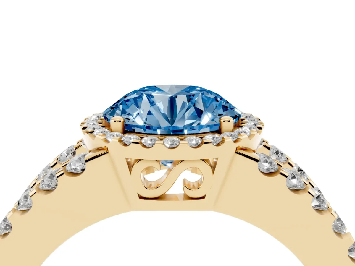 Fancy Blue Round Cut Cut Halo Split Shank Diamond Ring with Four-Prong Setting Yellow gold