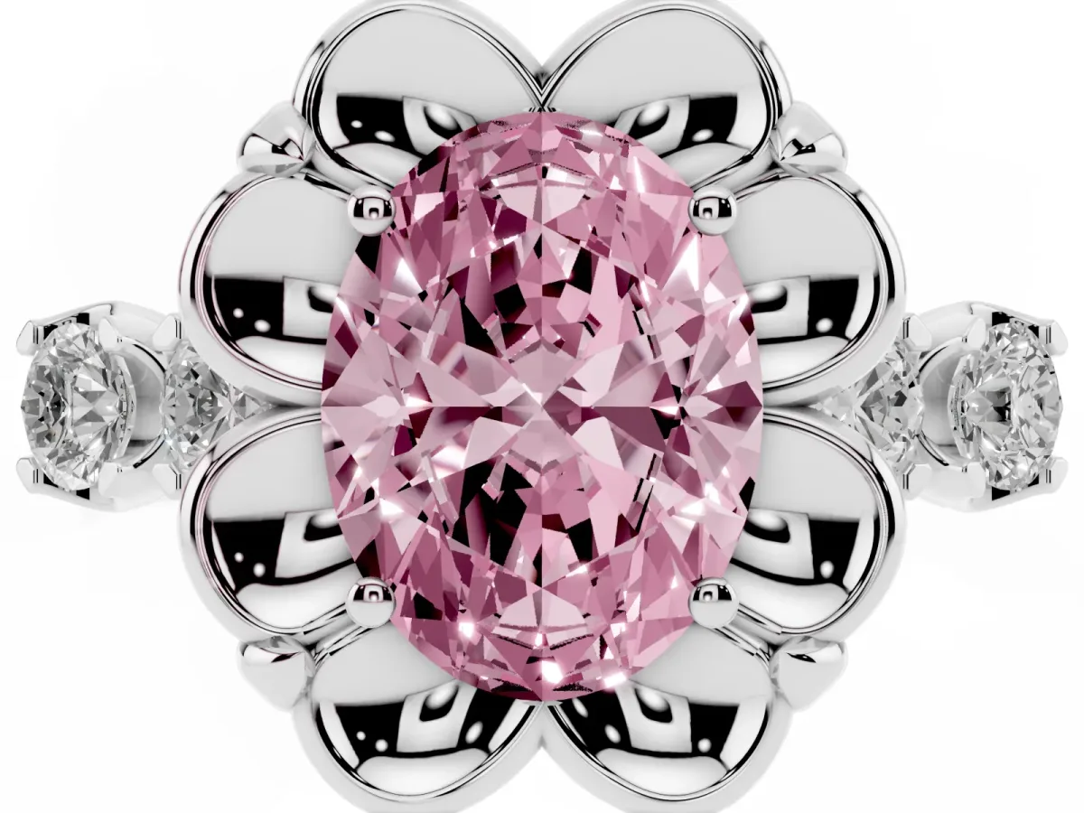 Fancy Pink Oval Cut Cut Diamond Floral Halo Engagement Ring with Shared Prong Setting Silver