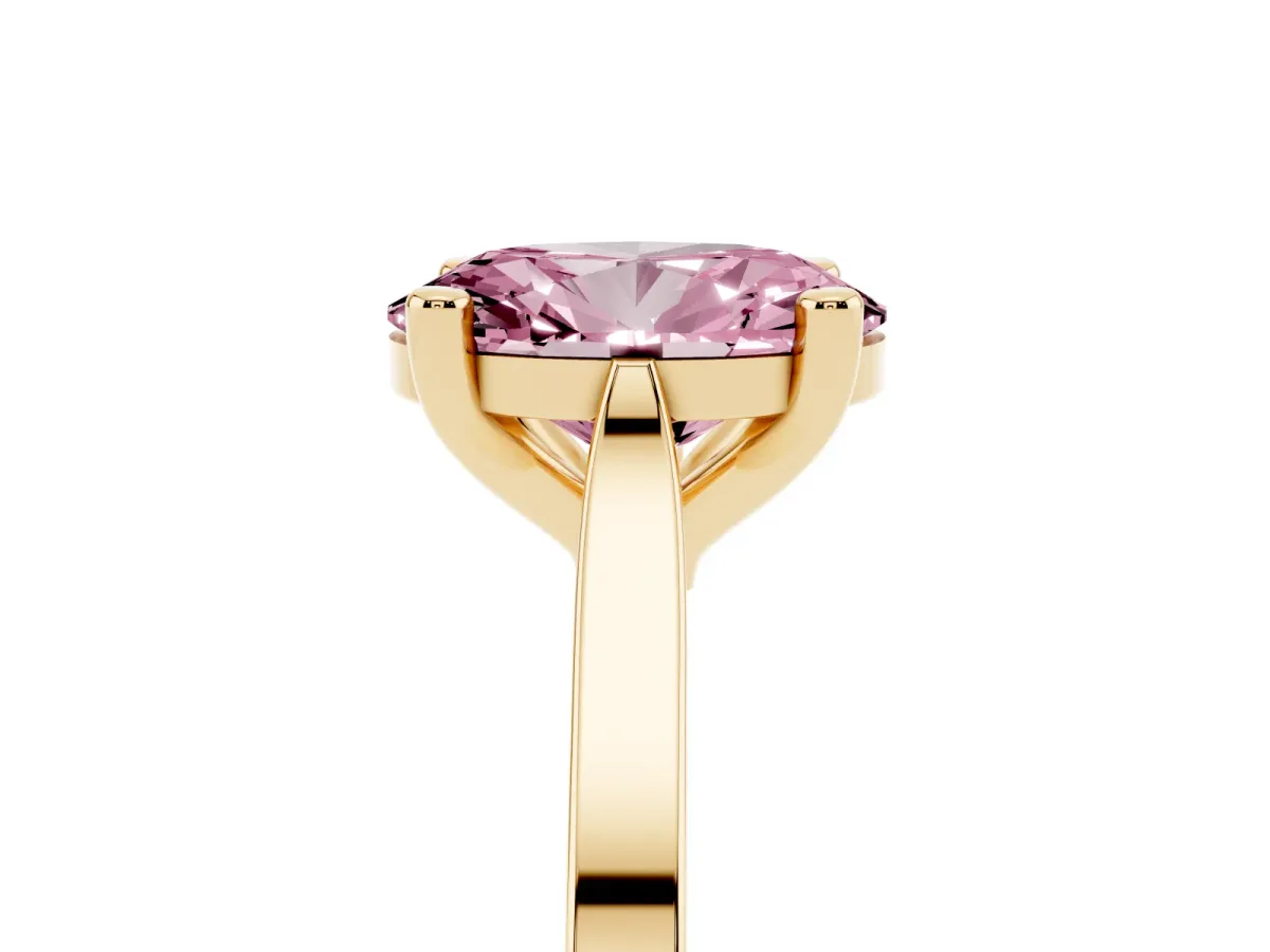 Fancy Pink Oval Cut Solitaire Diamond Ring with Four-Prong Setting and Tapered Band Yellow gold