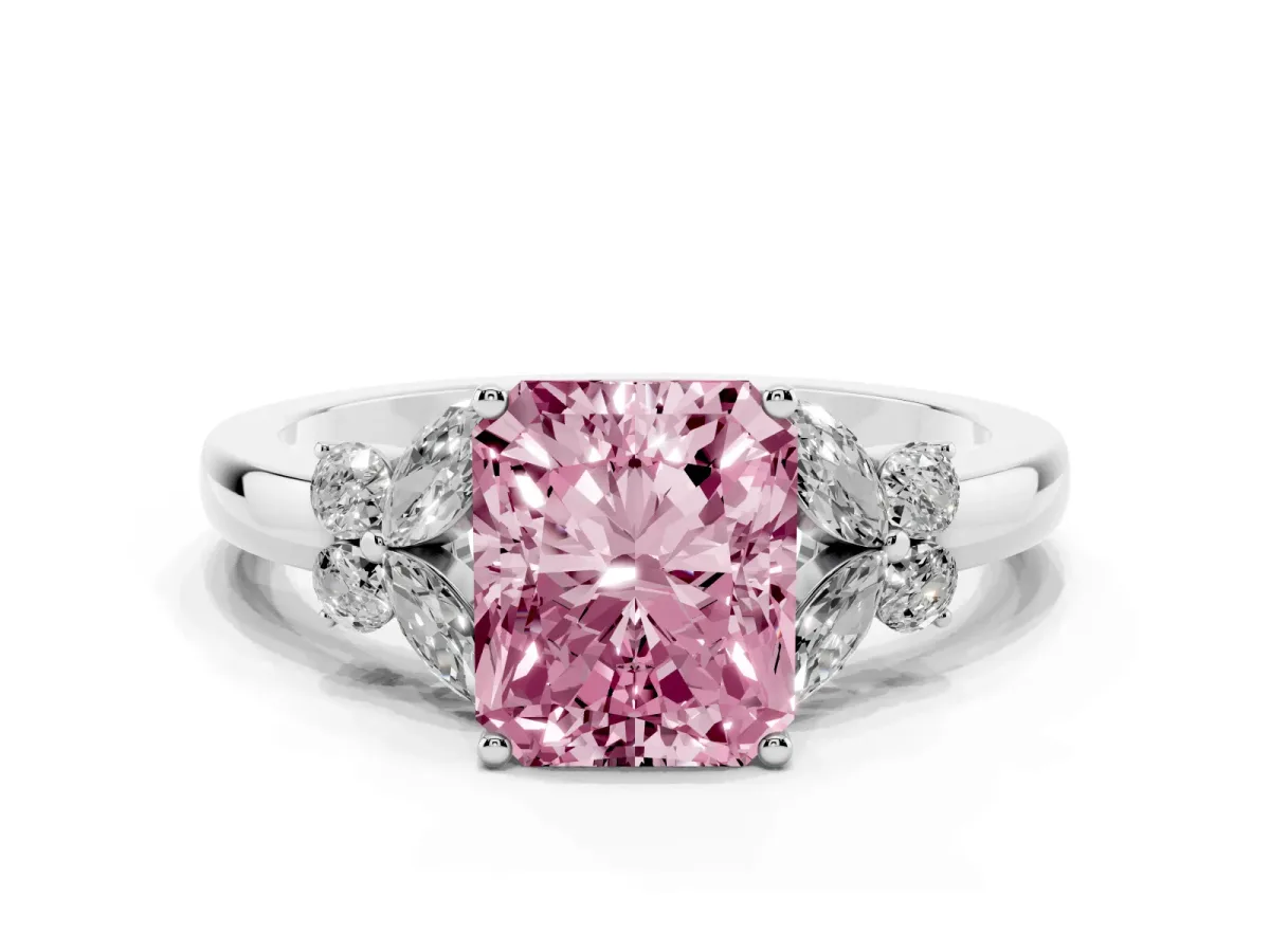 Fancy Pink Radiant Cut Cut Solitaire Floral Diamond Ring with Four-Prong Setting Silver
