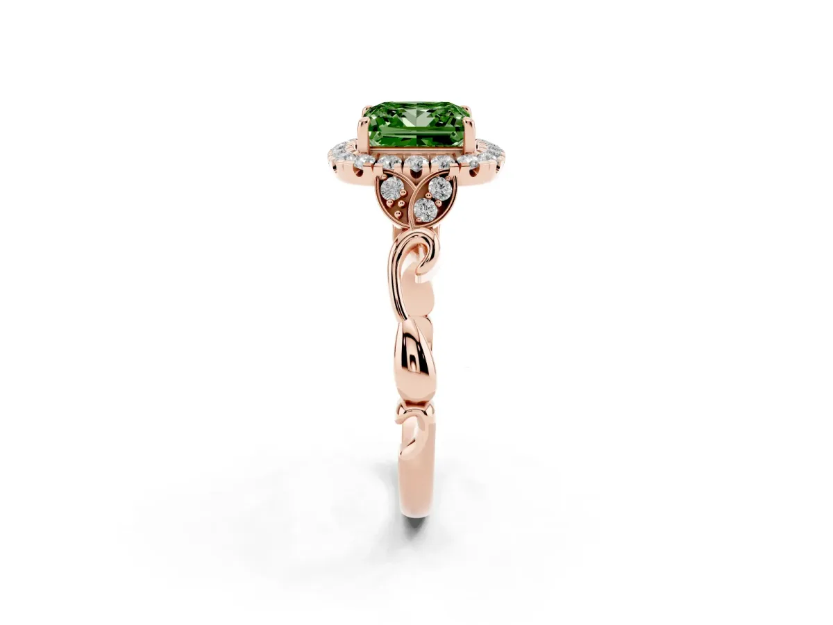 Fancy Green Princess Cut Halo Diamond Engagement Ring with Vintage-Inspired Band and Four-Prong Setting Rose gold