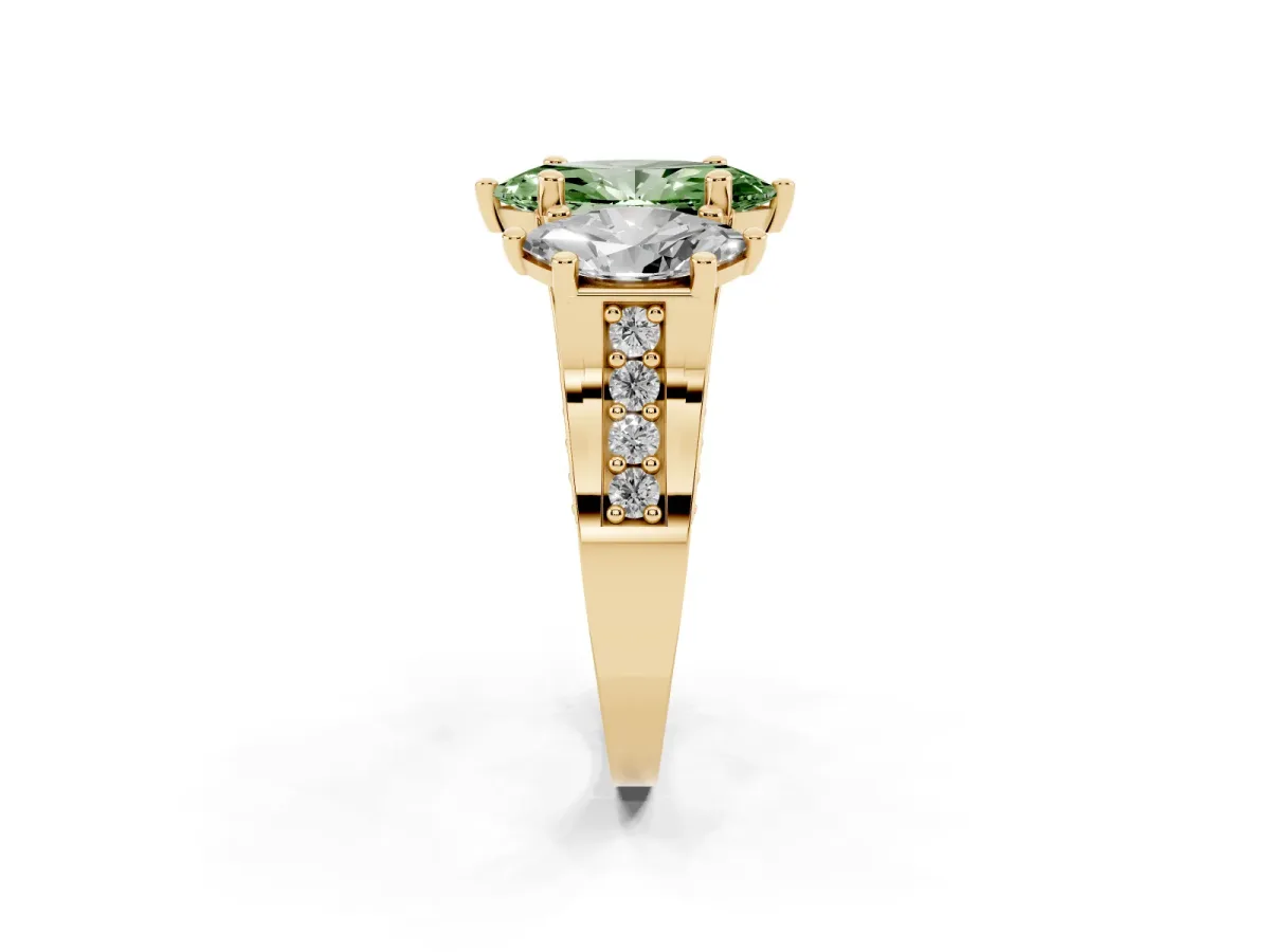 Fancy Green Marquise Cut Diamond Three-Stone Ring with Channel Set Band and Four-Prong Setting Yellow gold