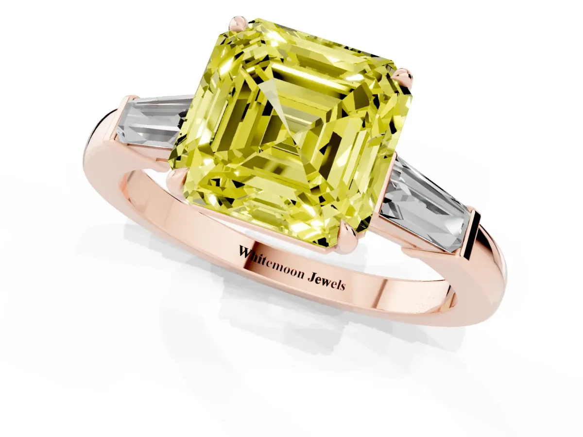 Fancy Yellow Asscher Cut Diamond Three-Stone Ring with Tapered Baguette Side Stones and Prong Setting Rose gold