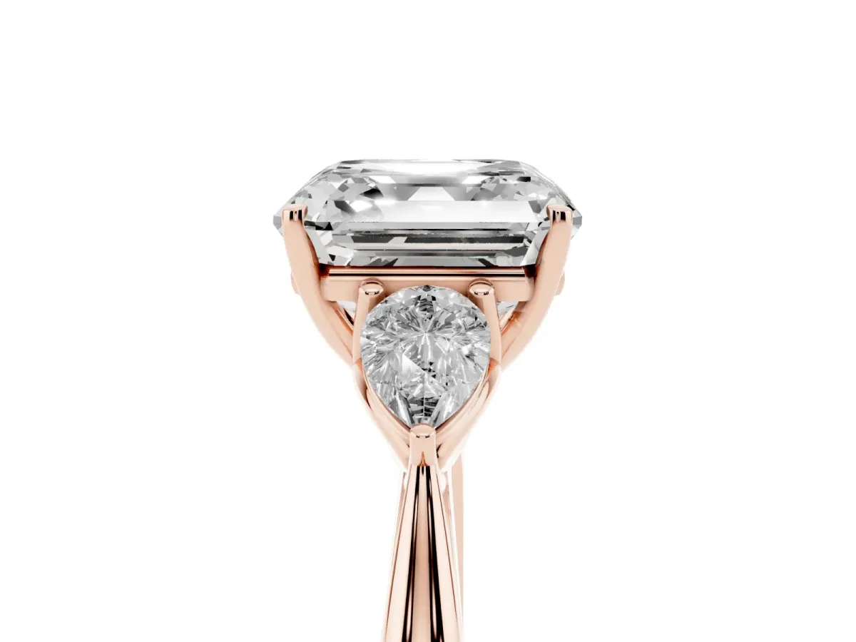 Three-Stone Asscher Cut Brilliant Diamond Solitaire Ring with Tapered Band and Four-Prong Setting Rose gold