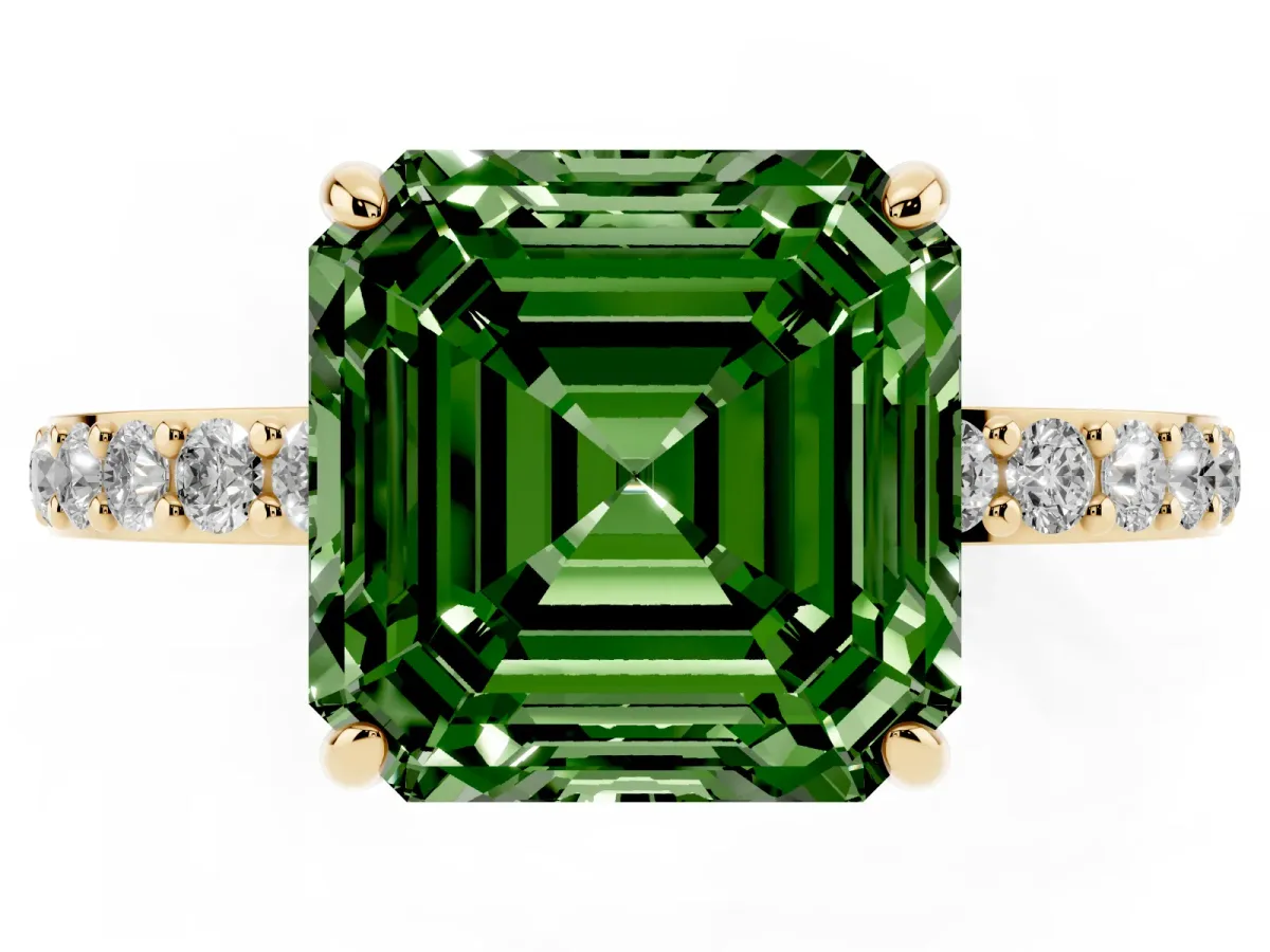 Fancy Green Asscher Cut Diamond Pavé Engagement Ring with Round Accents and Prong Setting Yellow gold