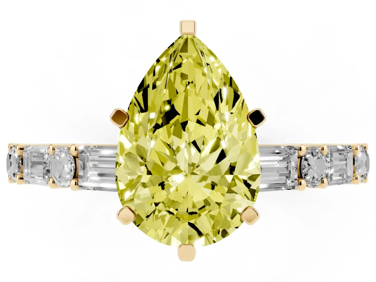 Fancy Yellow Pear Cut Diamond Solitaire with Side Baguettes and Channel Set Band Yellow gold