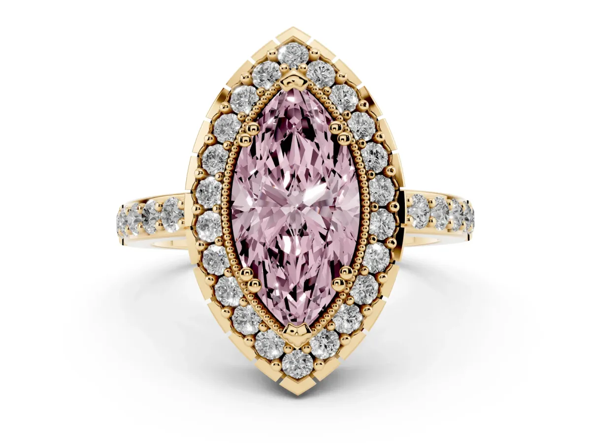 Fancy Pink Marquise Cut Diamond Halo Ring with Pavé Band and Prong Setting Yellow gold