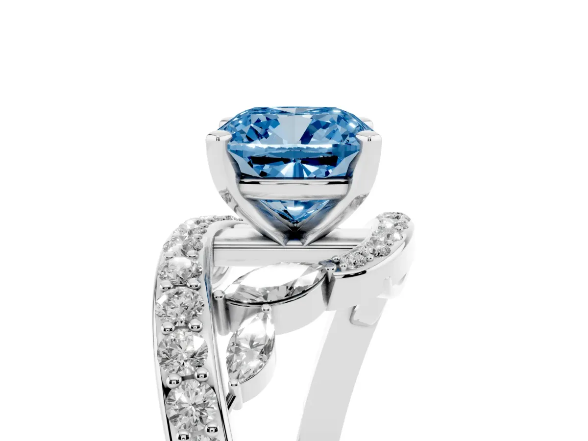 Fancy Blue Cushion Cut Solitaire with Pavé Twist Band and Four-Prong Setting Silver