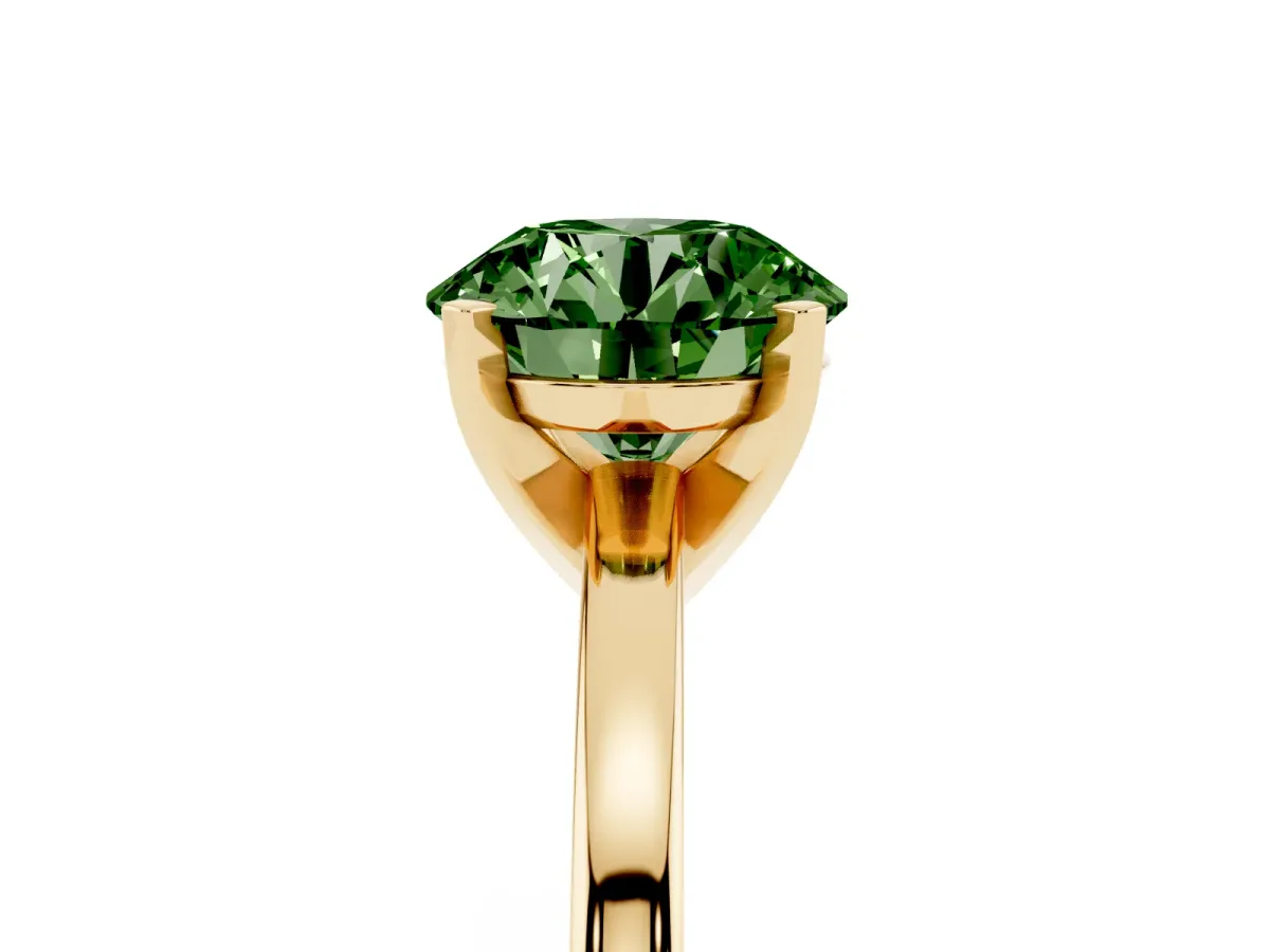 Fancy Green Round Cut Solitaire Diamond Engagement Ring with Four-Prong Setting on a Classic Band Yellow gold
