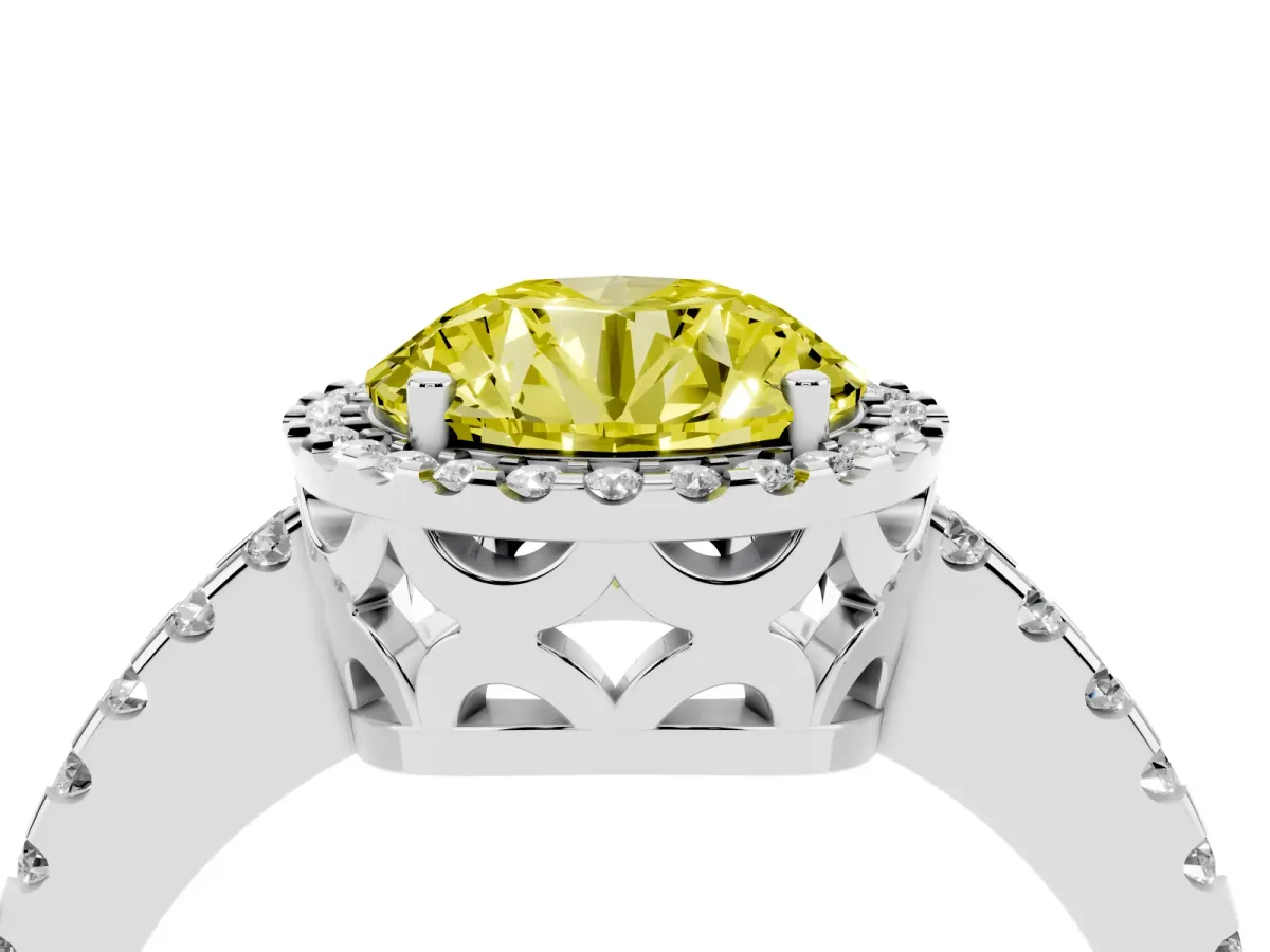 Fancy Yellow Round Cut Diamond Halo Engagement Ring with Pavé Band and Prong Setting Platinum