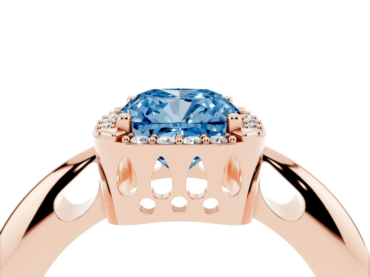 Fancy Blue Cushion Cut Cut Diamond Halo Engagement Ring with Split Shank and Four-Prong Setting Rose gold