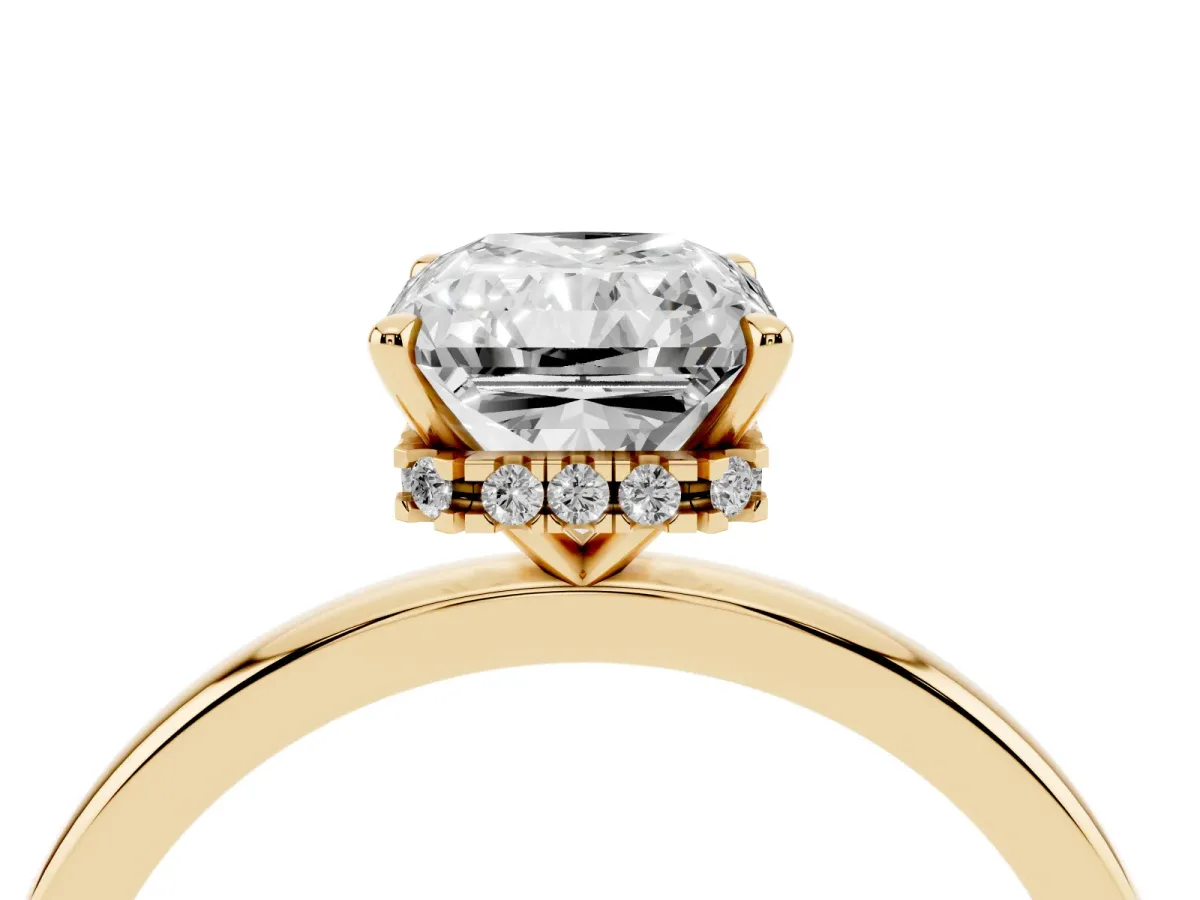 Radiant Cut Solitaire Engagement Ring with Cathedral Band and Four-Prong Setting Yellow gold