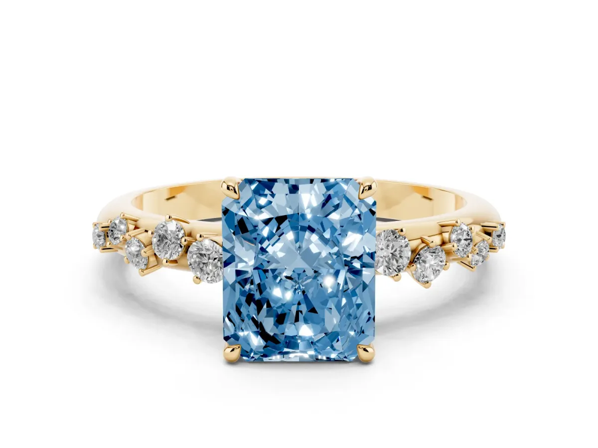Fancy Blue Radiant Cut Diamond Cluster Prong-Set Solitaire Ring Yellow gold