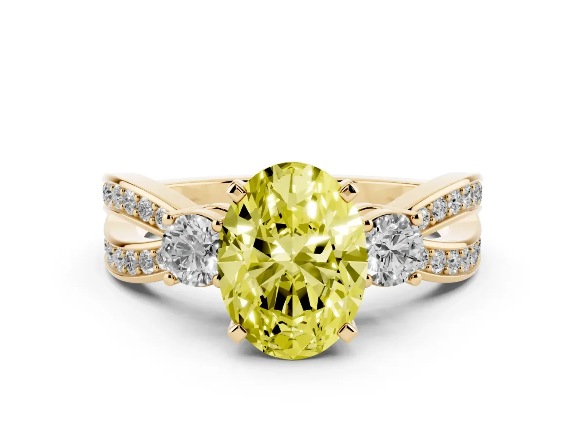 Fancy Yellow Three-Stone Oval Cut Cut Diamond Twist Band with Prong Setting Yellow gold