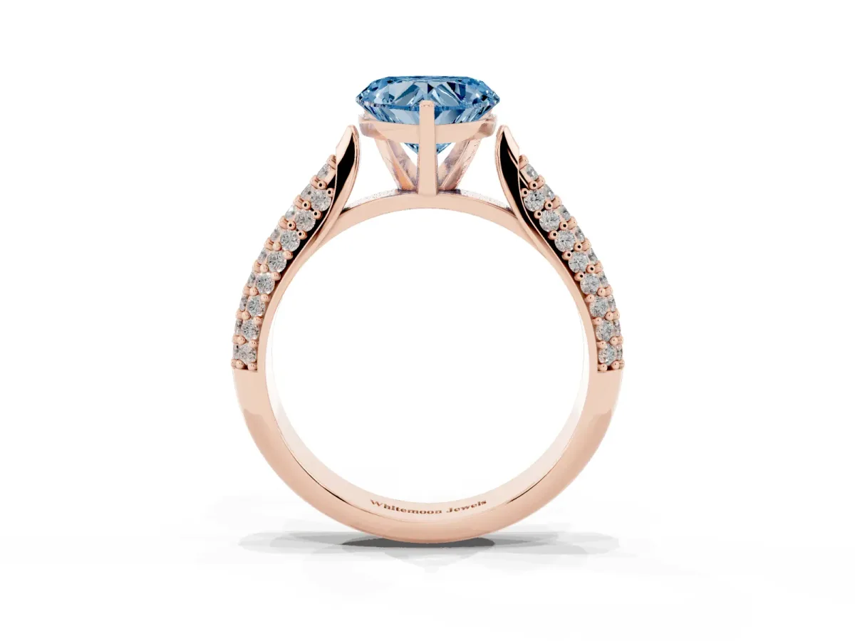 Fancy Blue Heart Cut Diamond Solitaire Engagement Ring with Multi-Row Round Pavé Band and Prong Setting Rose gold