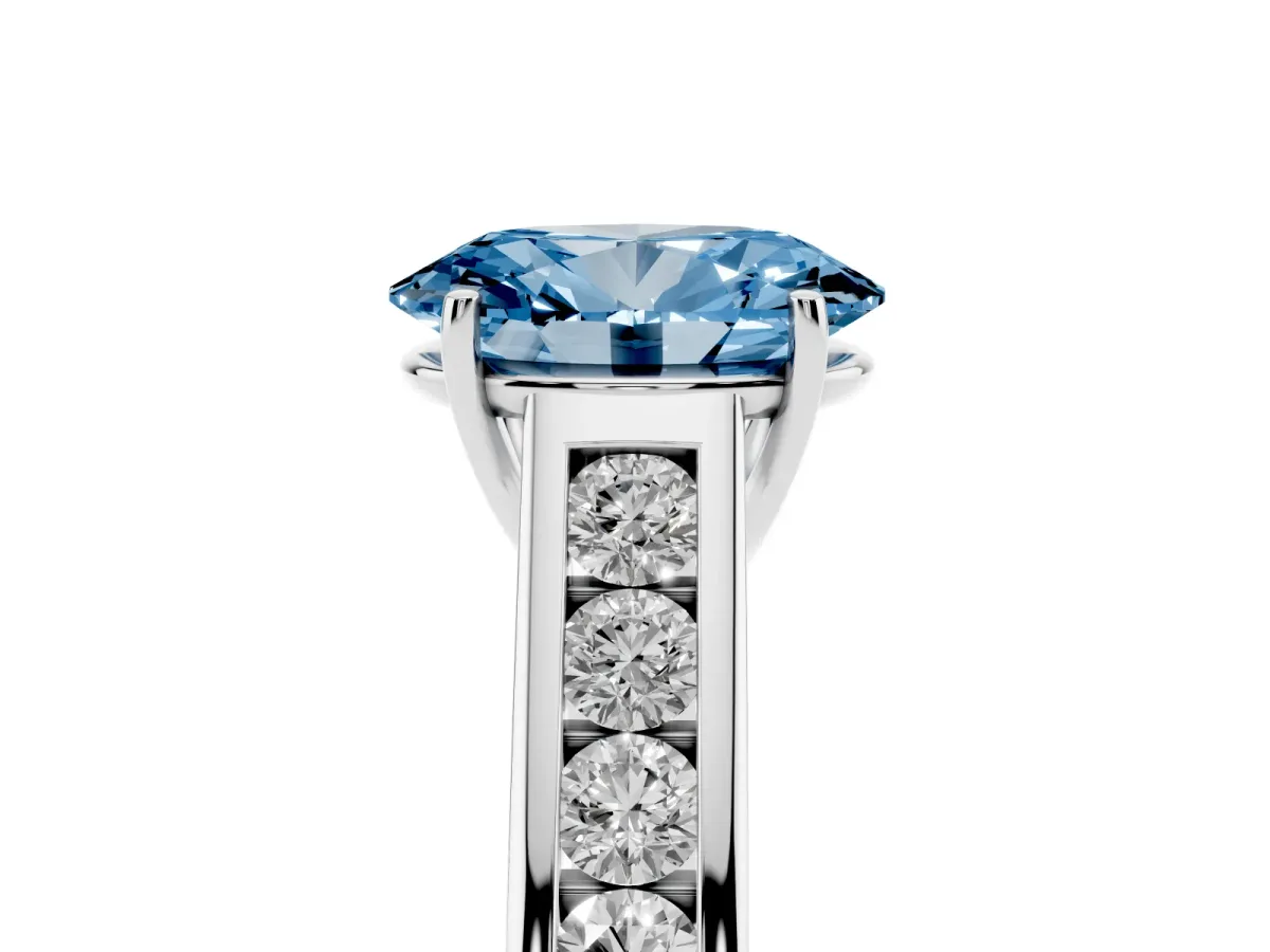 Fancy Blue Oval Cut Solitaire Channel-Set Diamond Engagement Ring with Four-Prong Setting Silver