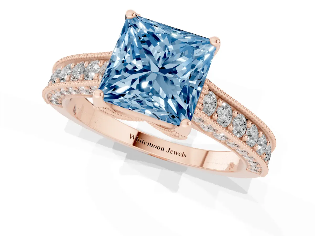 Fancy Blue Princess Cut Cut Diamond Solitaire Ring with Milgrain Pave Band and Four Prong Setting Rose gold