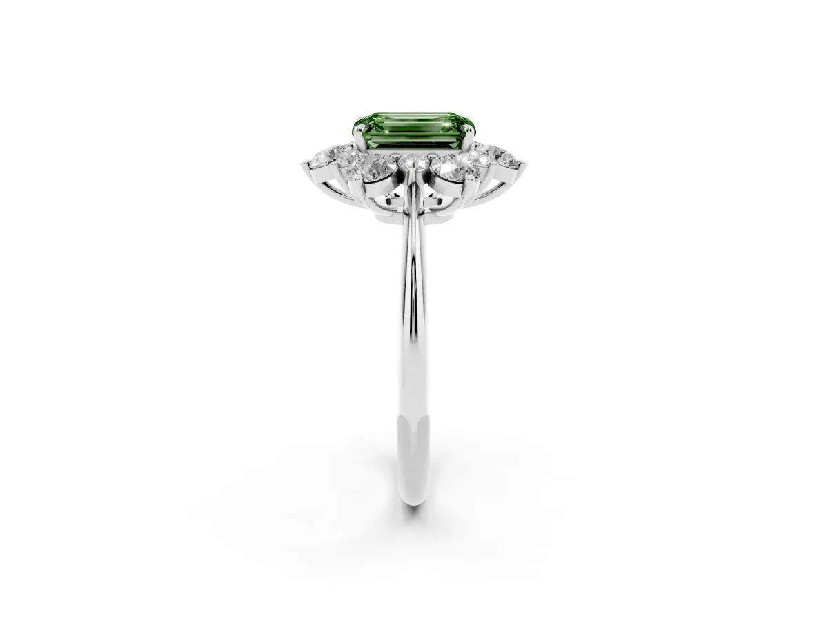 Fancy Green Emerald Cut Diamond Cluster Halo Ring with Solitaire Band and Four-Prong Setting Silver