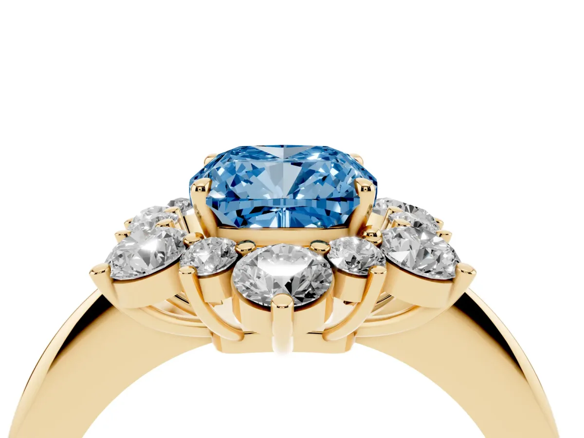 Fancy Blue Cushion Cut Diamond Cluster Halo Ring with Solitaire Band and Four-Prong Setting Yellow gold