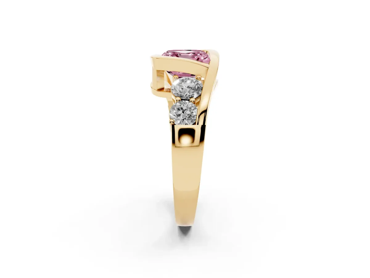 Fancy Pink Bezel Set Asscher Cut Diamond Bypass Ring with Round Accents Yellow gold