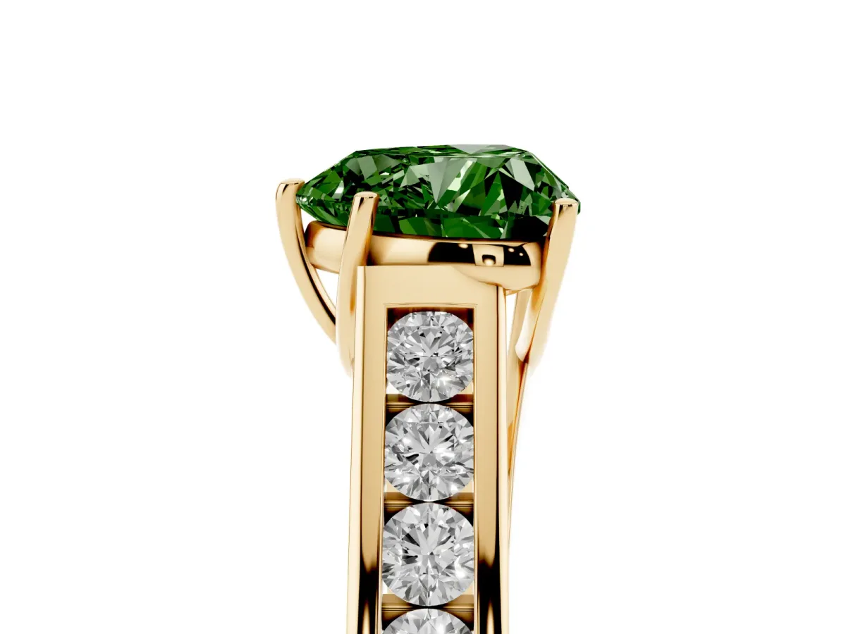 Fancy Green Heart Cut Solitaire Channel-Set Diamond Engagement Ring with Four-Prong Setting Yellow gold