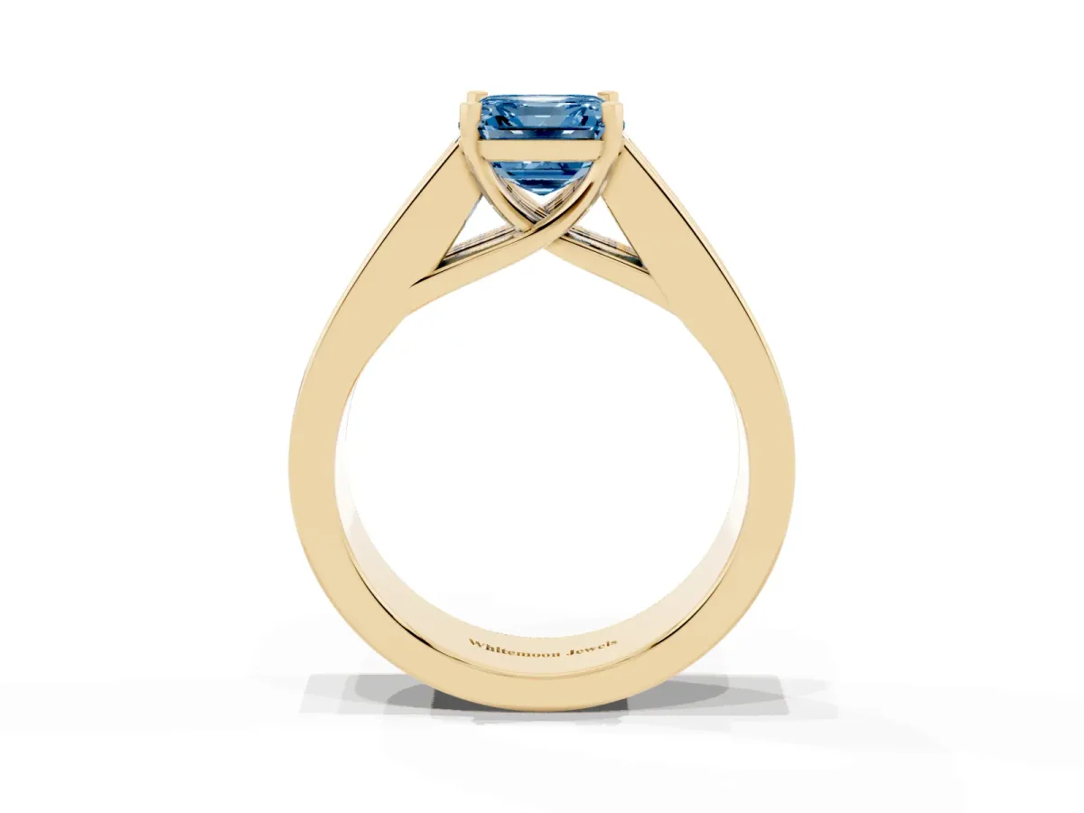 Fancy Blue Asscher Cut Cut Channel Set Solitaire Ring with Four-Prong Setting Yellow gold