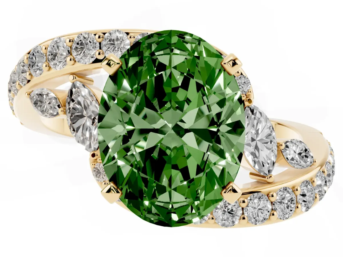 Fancy Green Oval Cut Solitaire with Pavé Twist Band and Four-Prong Setting Yellow gold