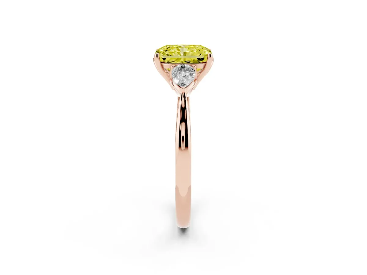 Fancy Yellow Radiant Cut Diamond Three-Stone Ring with Pear Side Stones and Prong Setting Rose gold